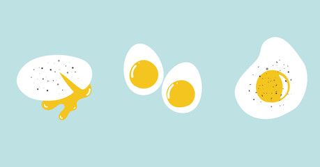 Vector illustration of different ways to cook eggs. Cooking elements. Different types of boiled and fried eggs in flat style