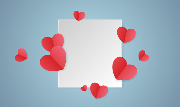Background with paper cut hearts and copyspace. Template of banner for Happy Valentine's Day, Mother's Day, Women's Day, birthday or wedding. Modern greeting card cover template. Vector illustration.
