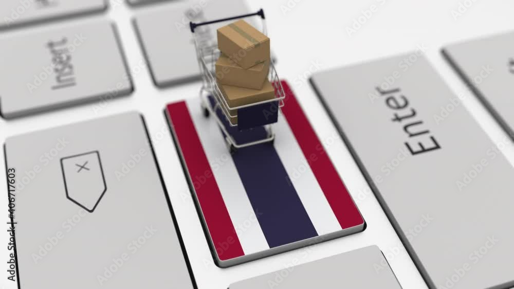 Poster computer keyboard key with flag of thailand and shopping cart with cartons, looping online shopping 