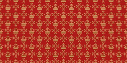 Decorative background with royal ornament. Gold crowns on a burgundy background. Seamless wallpaper texture