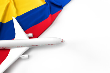 Passenger airplane and flag of Colombia. 3D illustration