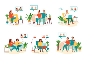 Fototapeta premium Young people communicate with family and friends via video calls. Concept remote meetings. Grandma, grandpa, children, parents, friends talk using a laptop, phone, tablet. Set of vector illustration