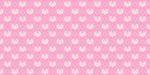 Damask Ornament. White floral ornament on pink background. Seamless wallpaper texture