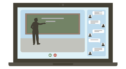 Distance learning. Online education at home. Teacher near the blackboard teaches students or schoolchildren through online webinar. Laptop screen. Vector illustrat