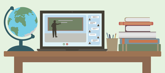 Distance learning at home. Workplace of student or schoolchild. Conducting lesson by teacher through  online webinar with chat  using Internet and  laptop. Flat design. Vector illustration