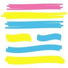 Yellow vector highlighter elements set. Yellow marker text selection