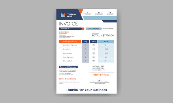 Invoice design layout, minimal style, print-ready and editable