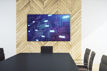 Abstract creative coding sketch on presentation screen in a modern conference room, artificial intelligence and neural networks concept. 3D Rendering