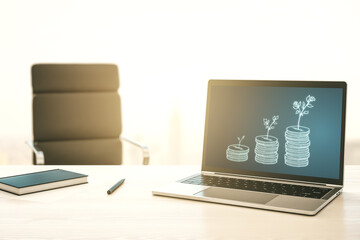 Modern computer monitor with cash savings hologram. Development and achievement of goals concept. 3D Rendering