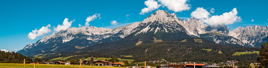 Fototapeta na wymiar High resolution stitched panorama of a beautiful alpine summer view at Ellmau, Wilder Kaiser, Tyrol, Austria
