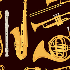 Seamless pattern Saxophone and classical French horn musical instrument with flowing musical notes vector illustration