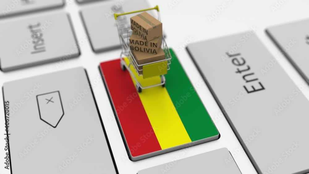 Aufkleber cartons with made in bolivia text and shopping cart on the computer keyboard. conceptual looping 3d 
