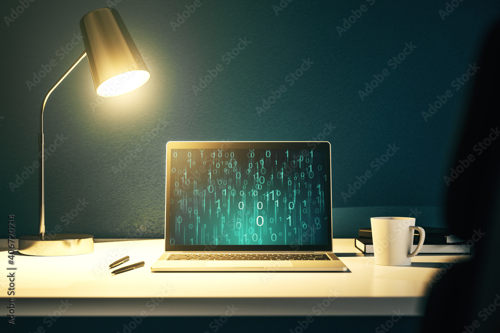 Poster creative abstract binary code hologram on modern computer monitor, ai and machine learning concept. 