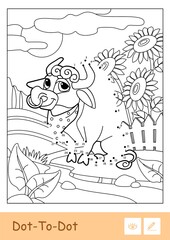 Colorless vector dot-to-dot illustration for young children with cute bull grazing near the yard. Livestock, cattle breeding and farming. Developmental activity and DIY materials.