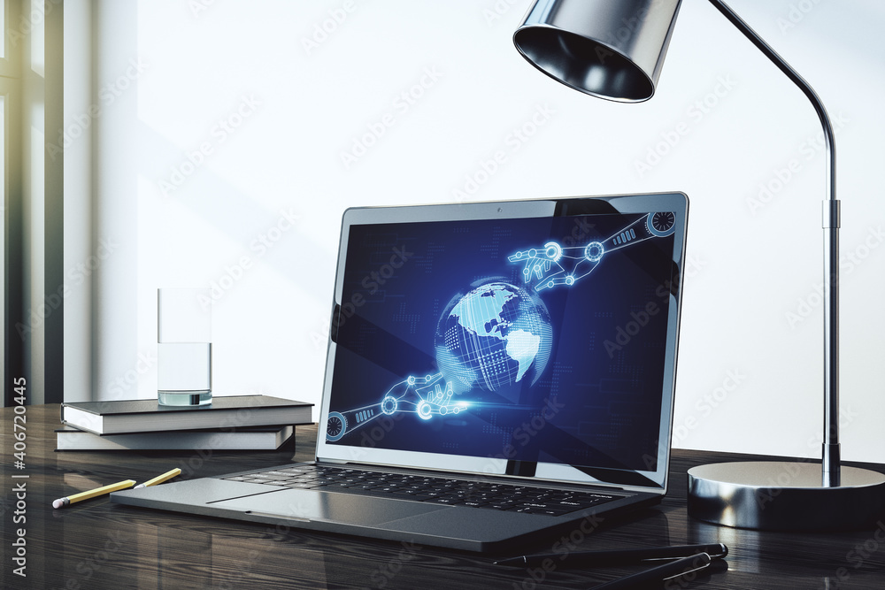 Poster creative concept of robotics technology with globe sketch on modern laptop screen. robot development
