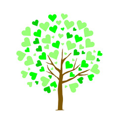 Abstract tree with green heart leaf on white isolated background. Tree of love. Save world. Conservation of the environment. Pay attention to nature. Vector Illustration Flat art.