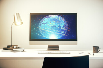 Modern computer monitor with abstract programming language with world map, research and development concept. 3D Rendering