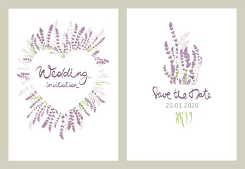 Cards for Wedding invitation. Set vector design elements, wreath in the shape of a heart and bouquets of lavender and calligraphy lettering.	