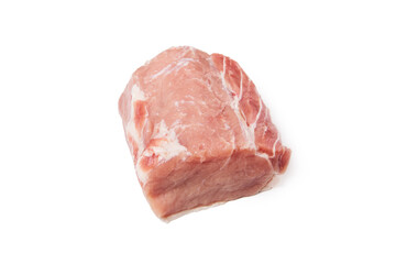 Raw pork meat isolated on white background. Whole piece of meat. Flat lay, top view