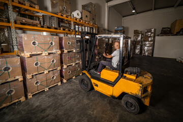 Warehouse man worker with forklift. Warehouse worker driver in loading by forklift stack loader