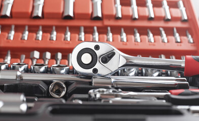 Background of a toolbox. Wrenches of different sizes