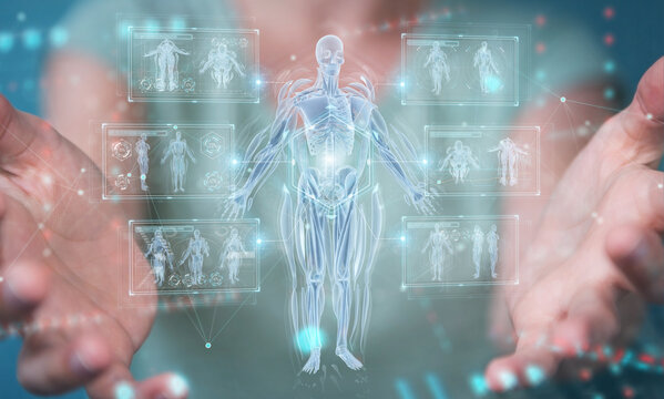 Woman using digital x-ray human body holographic scan projection 3D rendering