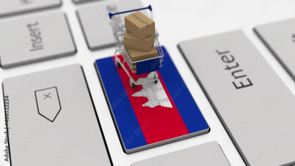 Poster keyboard key with flag of cambodia and shopping cart with boxes. online shopping related looping 3d 