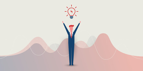 New Possibilities, Ideas, Hope, Dreams - Happy Business Man,  Arms Raised, Standing Under a Glowing Light Bulb - Business, Creativity Vector Concept