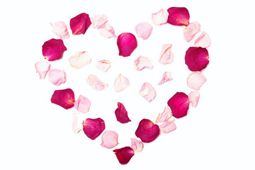 Heart of rose petals on white. Pink romantic  background for valentine or wedding day greeting template