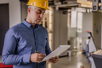 Engineer supervisor in a factory with hamlet. Mechanical technician operative next to industrial machine. Engineer in the factory. Interior of production department. 