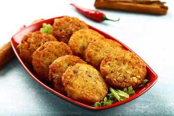 Healthy vegan diet foods background- fresh baked vegetarian cutlets.