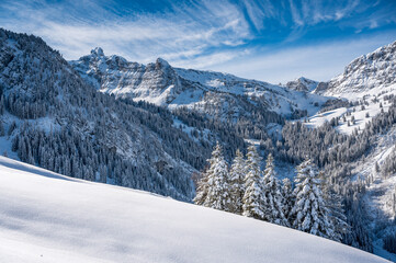 Fototapeta na wymiar pristine winter landscape in Diemtigtal, Berner Oberland