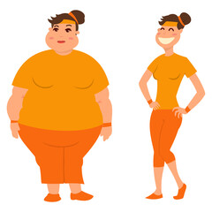 Fat and slim woman before and after weight loss. Diet, sport and fitness. Cartoon vector illustration.