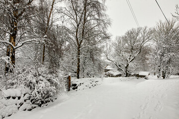 Naklejka premium Heavy snow covers traditional Dales cottage on the moorland smallholding after daylong snowfall in Nidderdale