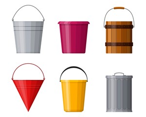 Different buckets set isolated on white background. Steel, plastic and wooden bucket set for gardening, metal container for water and handles trash bin. Vector illustration