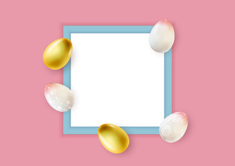 Easter poster template with 3d realistic  Easter eggs and empty frame.  Template for advertising, poster, flyer, greeting card.  Vector Illustration EPS10