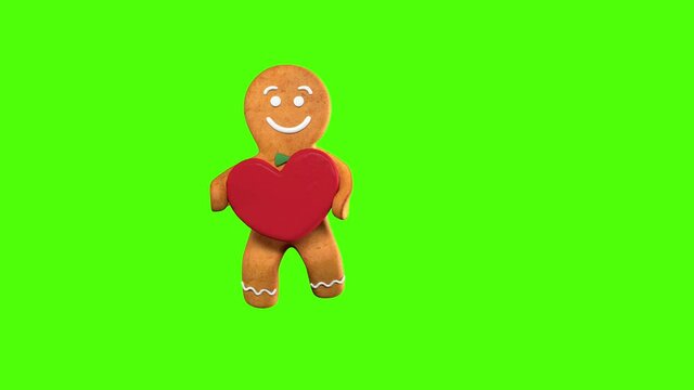 Gingerbread Dancer 3D animation of funny, hot and sweet cookie boys dancing. Сartoon character with red heart in hands. Looping animation. Green screen
