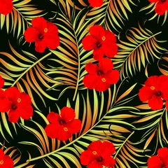Fotobehang Tropische Bladeren Tropical vector seamless background. Jungle pattern with exitic flowers, and palm leaves. Stock vector. Jungle vector vintage wallpaper  © Logunova  Elena