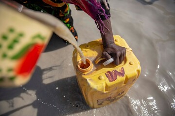 African woman filling dirty river water into her can for drinking and daily use