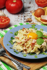 A plate with traditional pasta carbonara