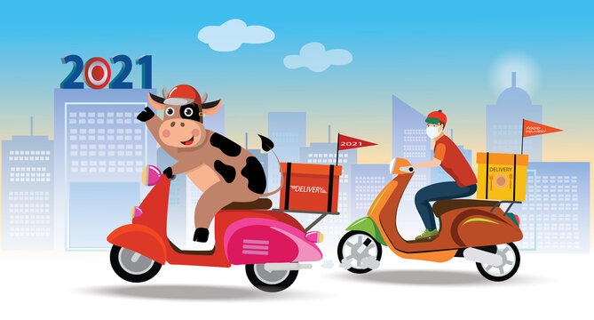 Online delivery service concept, online order tracking, delivery home and office.  cow with delivery man on scooter delivery, fast food delivery.