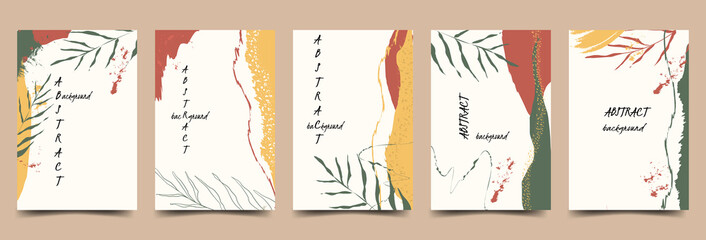 Set of modern backgrounds with tropical leaf elements in natural color tones. Vector illustration