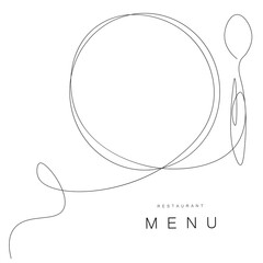 Menu restaurant background with plate and spoon line drawing, vector illustration