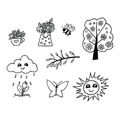 set of spring elements nature butterflies beetles flowers