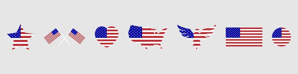 USA flags set. USA flag. USA flag in the form of a heart. American eagle. USA flag in the form of a star. Vector illustration. National american holiday