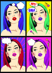 Pop art. Young woman with long hair