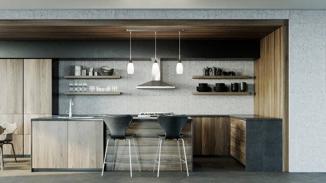 3D rendering of a modern kitchen interior with concrete, wood and black counters