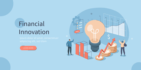 People Characters having new Finance Management Creative Ideas. They Standing near Light Bulb with Graphs, Charts and Diagrams. Financial Innovation Concept. Flat Isometric Vector Illustration.

