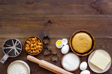 Bakery background with ingredients for dough top view