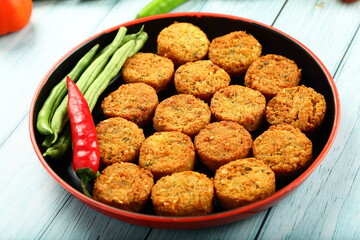 Indian street foods background, delicious and spicy cutlets . healthy snack foods background.